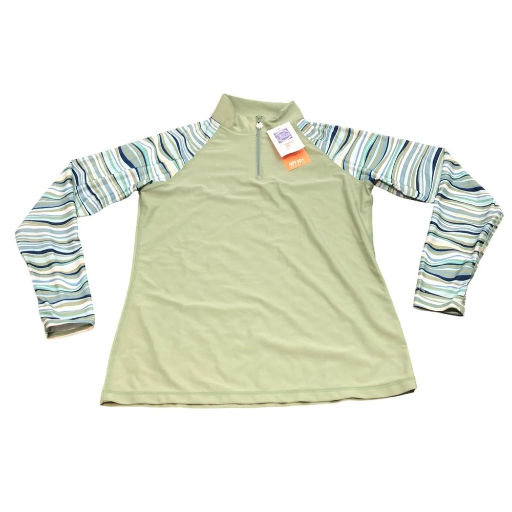 UVSkinz Sun & Swim Shirt‎ Womens M Green Striped LS 1/4 Zip UPF 50+ 040327-0115